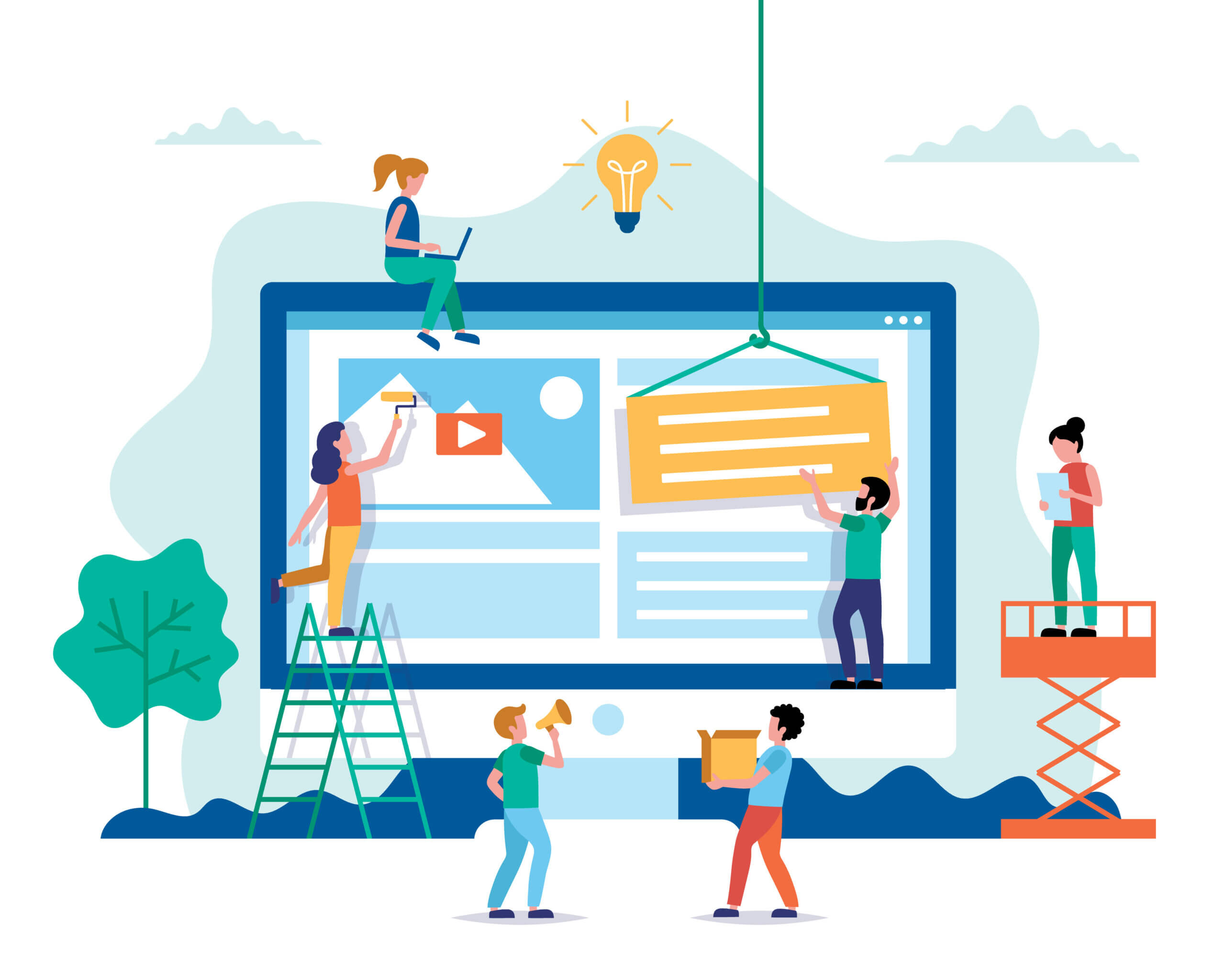 Illustration showing people working together to build a website, representing white label web design