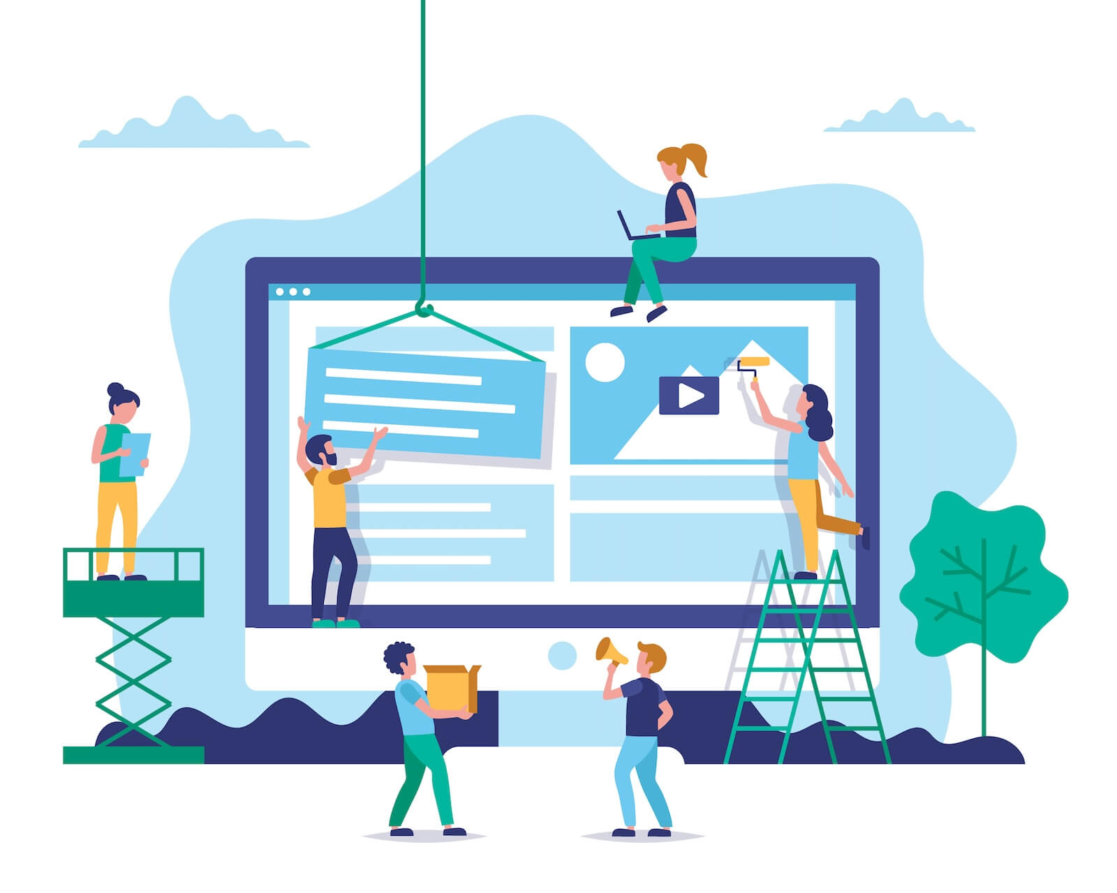 Website construction, web design concept illustration in flat style. People working on website. Characters doing various tasks, teamwork. Illustration of cartoons building website to represent white label website development services